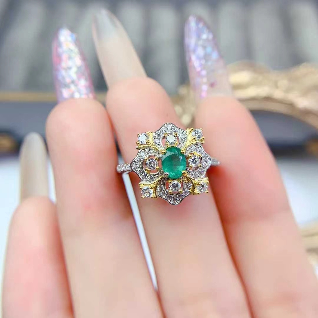 Antique look 925 silver ring natural emerald ring with certificate 4mm*6mm Colombia emerald jewelry with 18K gold plating