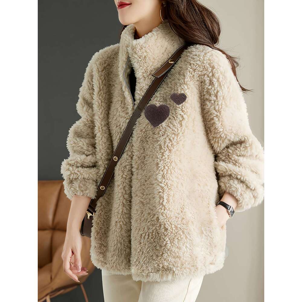 Shein Men's Jackets Heart Collar Plush Jacket, Soft Warm, Sweet And Versatile, Casual Women's Jacket
