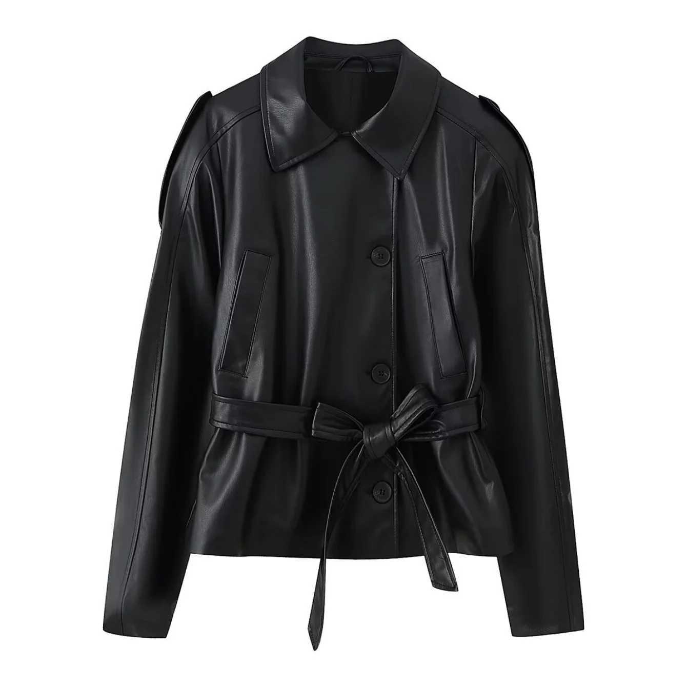 Woman Autumn Faux leather Jacket Solid TurnDown Collar Long Sleeves Pocket Belt SingleBreasted Female Streetweer CoatsT251017