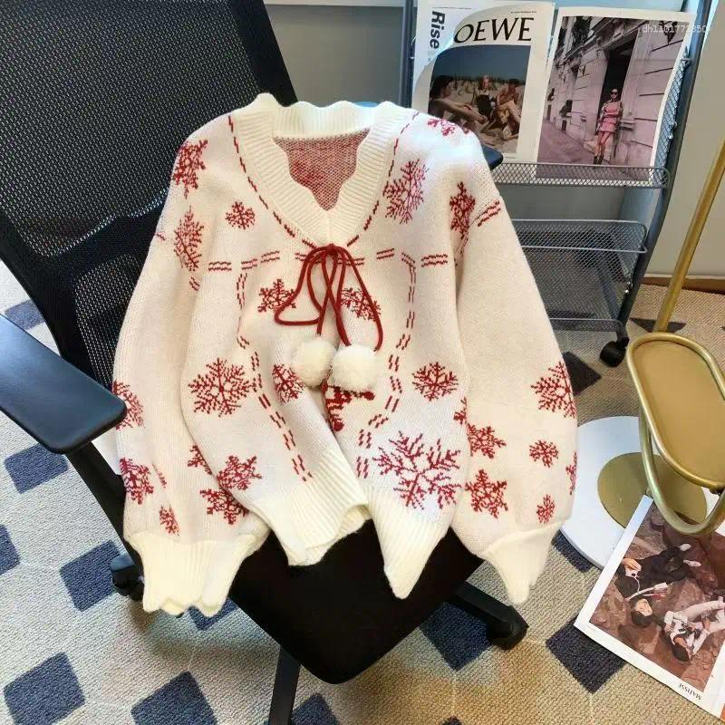 Women's Sweaters Christmas Snowflake Sweater Women Jumper Bow V Neck Long Sleeve Knitted Winter Pullover Tops Korean Fashion