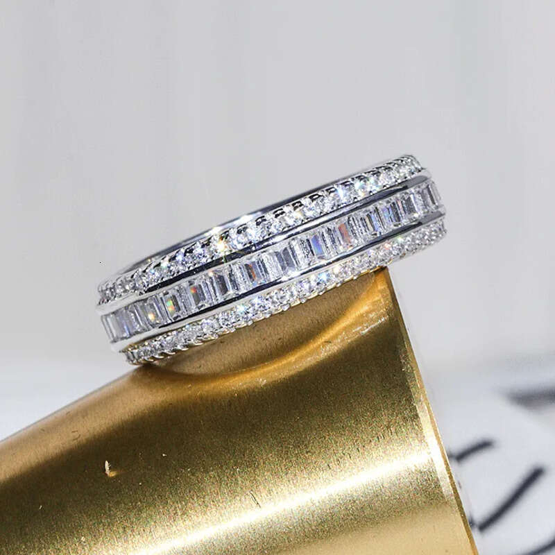 US Size 6-10 High Quality Sparkling Weddig Rings Elegant Jewelry Sterling Sier Full Princess Cut White Lab Moissanite Dia Party Eternity Women Band