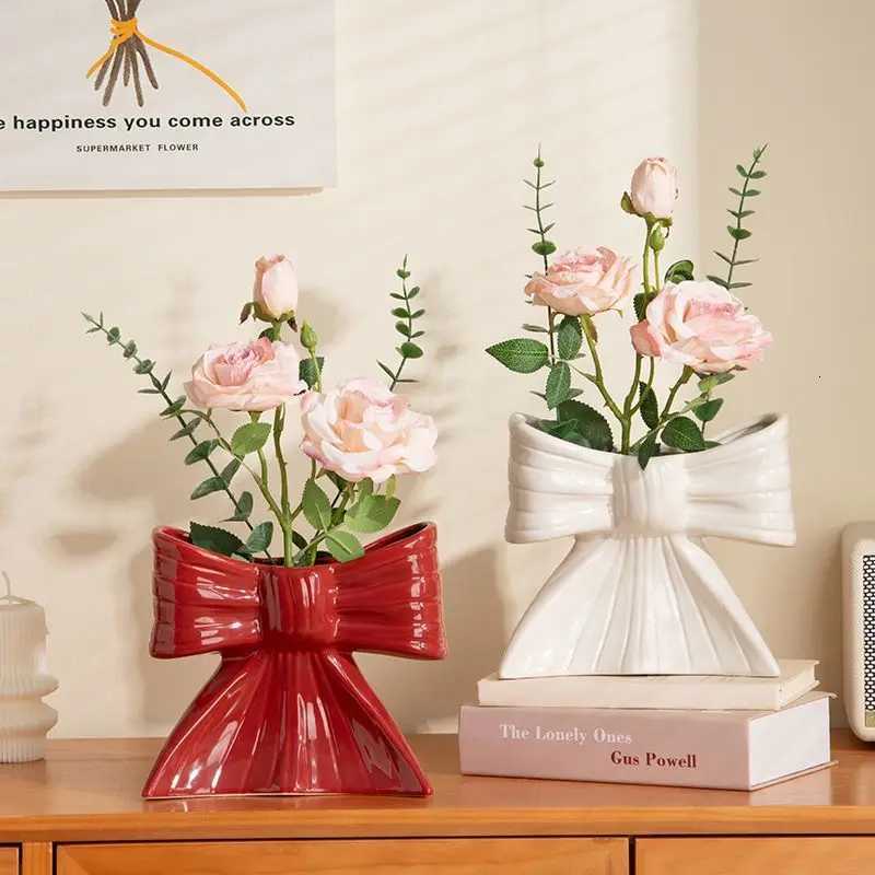 Creative Bow Vase Ornaments Highend Ceramic Hydroponic Flower Arrangement Living Room Office Vintage Vase Home Ornament Gifts C251017