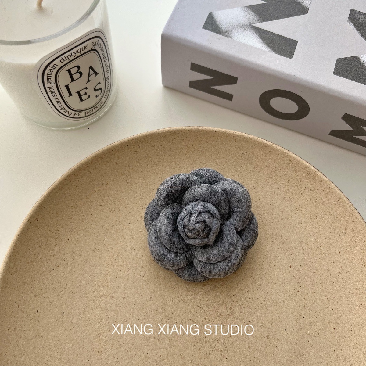 designer brooch style handmade camellia black white gray solid color flower 3d brooch collar pin decoration with mini small size