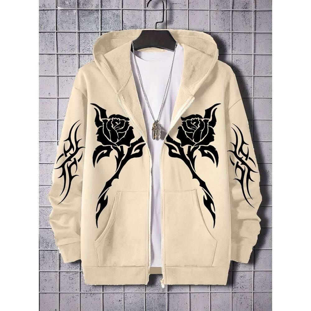 Black Regular Fit Men's Hooded Jacket | White Rose & Thorn Print, Hine-Washable Outerwear For Casual Attire