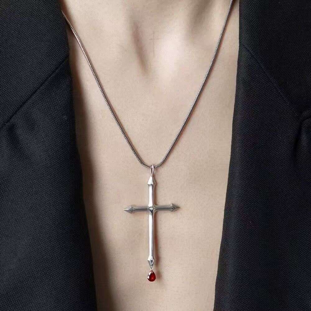 Gothic Cross Pendant Necklace with Red Crystal - Silver - Tone Religious Punk Jewelry Dia-Studded, Versatile, High-End Clavicle Chain Jewelry