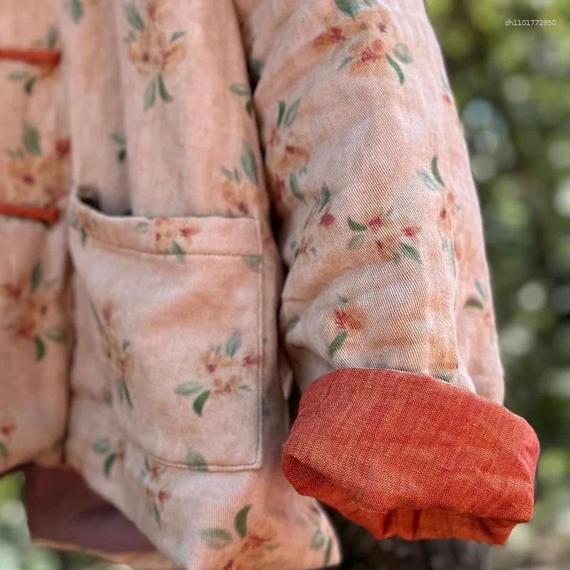 Women's Jackets Thick Warm Cotton Linen Casual Coats Women 2025 Autumn Chinese Style Vintage Floral Print Loose Female Padded M176
