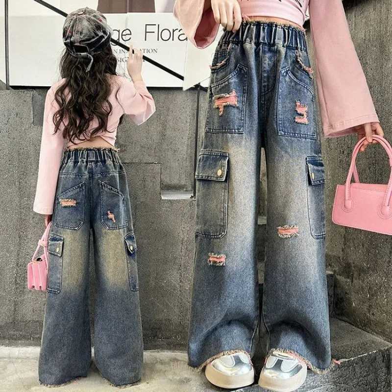 Womens WideLeg Cargo Jeans for Tween Girls Straight Leg Big Kid Autumn Pants Stylish School Jeans for Girls Hot Sale 2025T251017