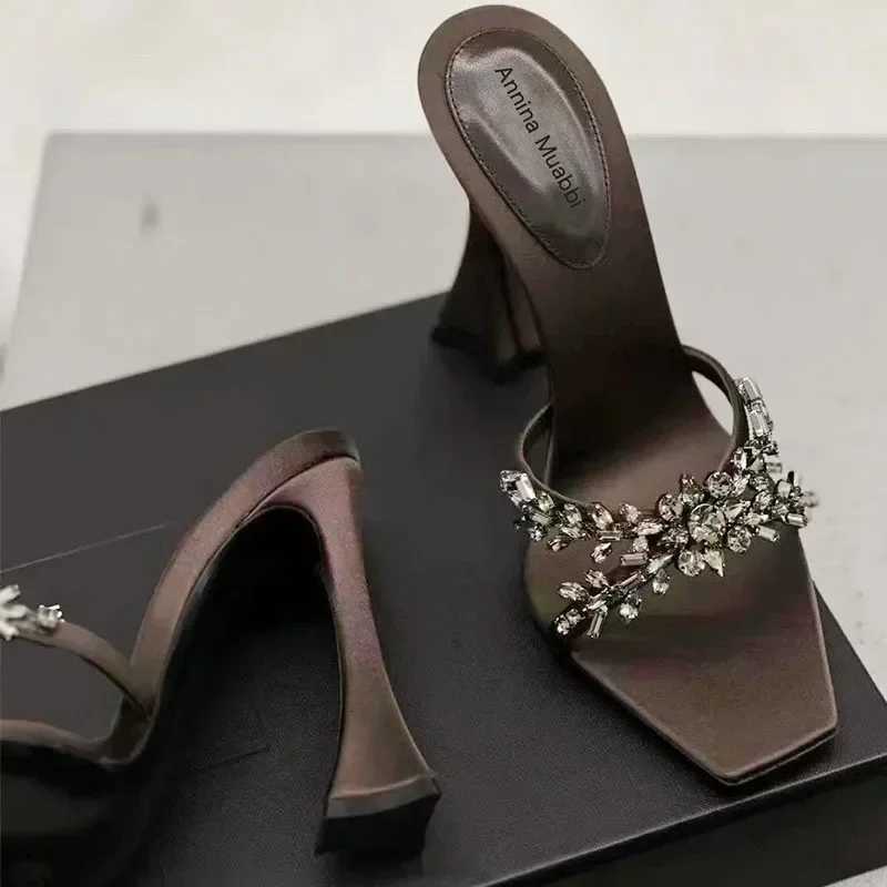 Luxury Rhinestone Silk Thin Heeled Slippers Women Sexy Open Toe Cross Tied Design Brand Slide Sandals Elegant Party Dress Shoes Z251015