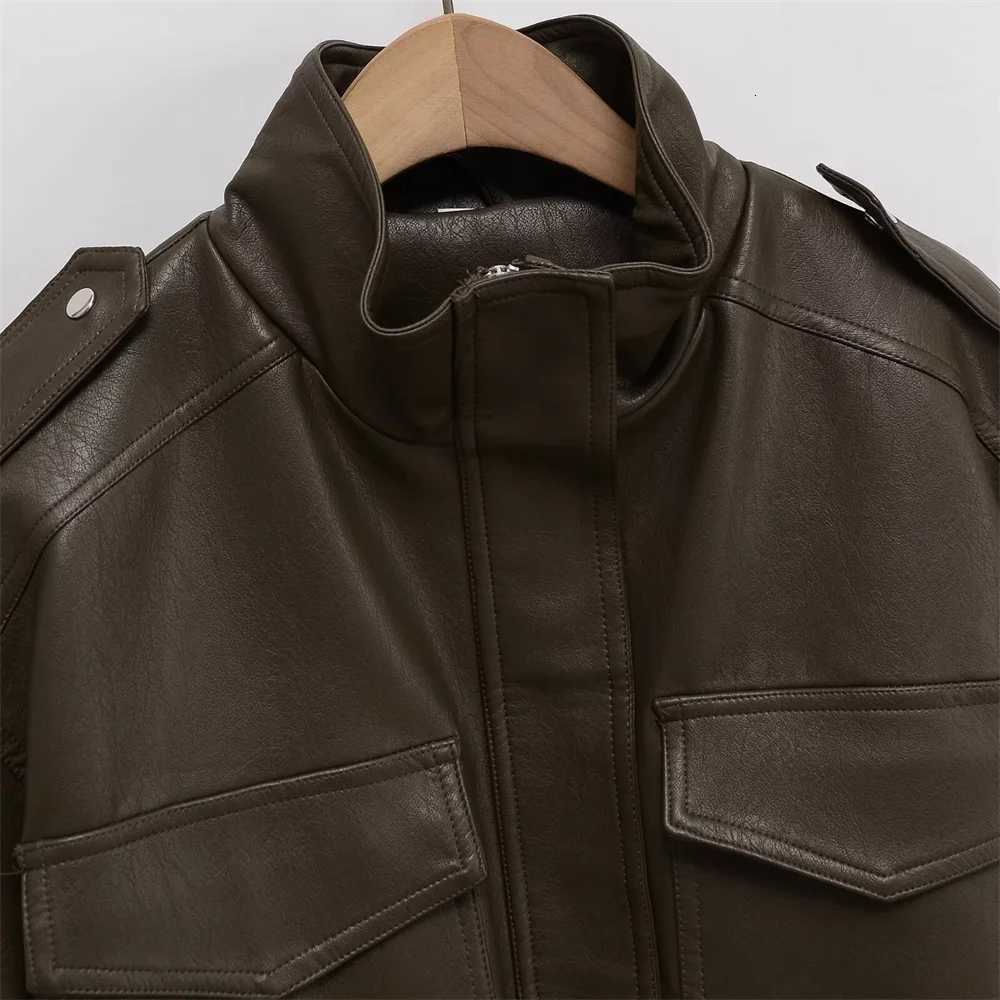 New Womens Fashion Versatile Bright Face Imitation Leather Stand up Collar Long Sleeve Short CoatT251017