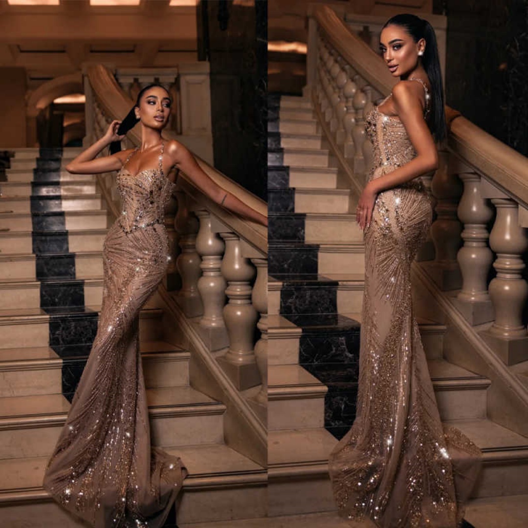 Exquisite Sequins Mermaid Evening Dresses Spaghetti Strap Sweep Train Prom Gowns Beadeds Formal Party Customized