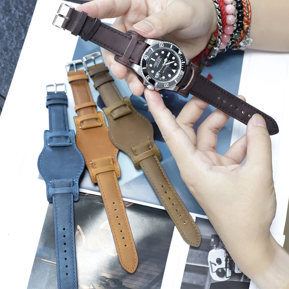 Genuine Leather Watchband 18mm 19mm 20mm 21mm 22mm Watch Strap Men Wristband with Mat Handmade Crazy Horse Leather Bracelet 251016