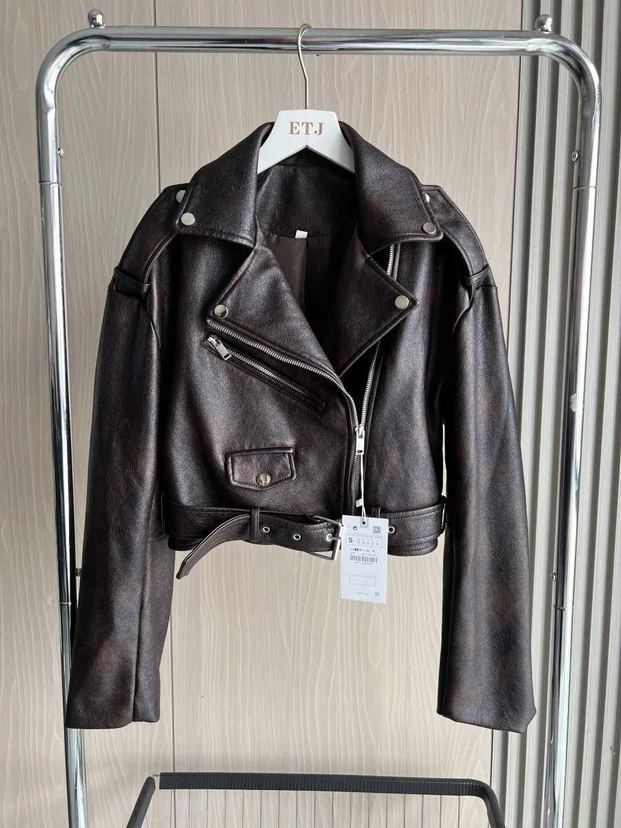 ETJ 2025 FallWinter New Arrivals Womens Faux Leather Biker Jacket Long Sleeve Collarless Short Coat 3046325T251017