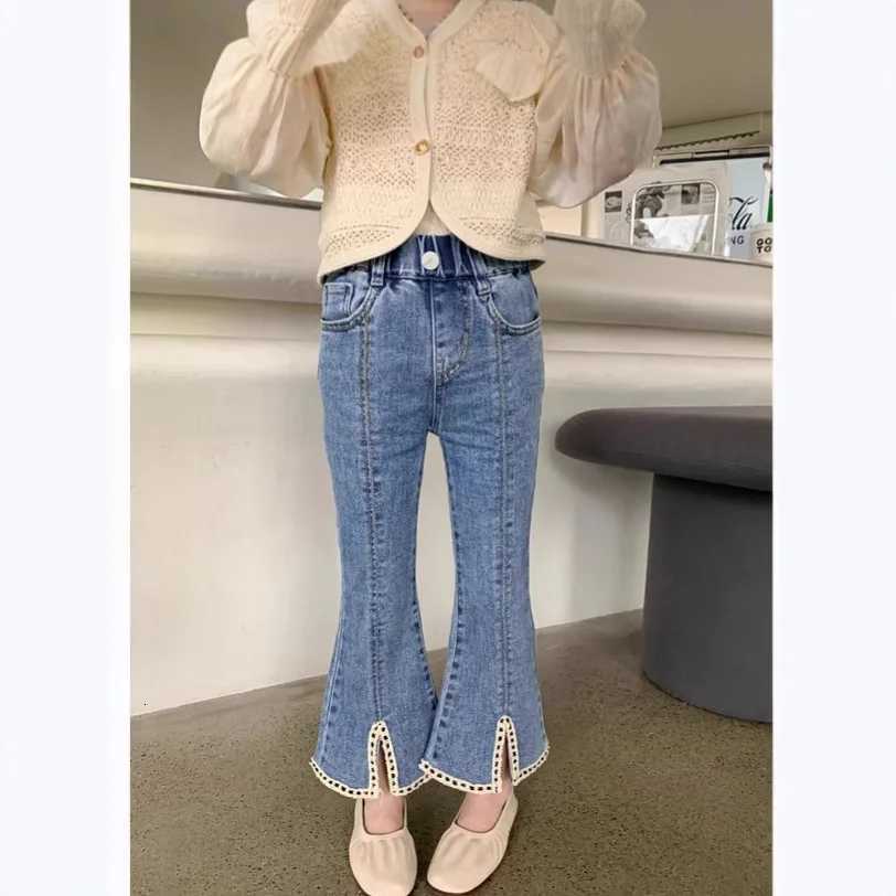 New Arrived Korean Child Flare Jeans with Slits Lace for Girls Little Fragrance Denim Pants Kids Baby Classic Jeans TrousersT251017