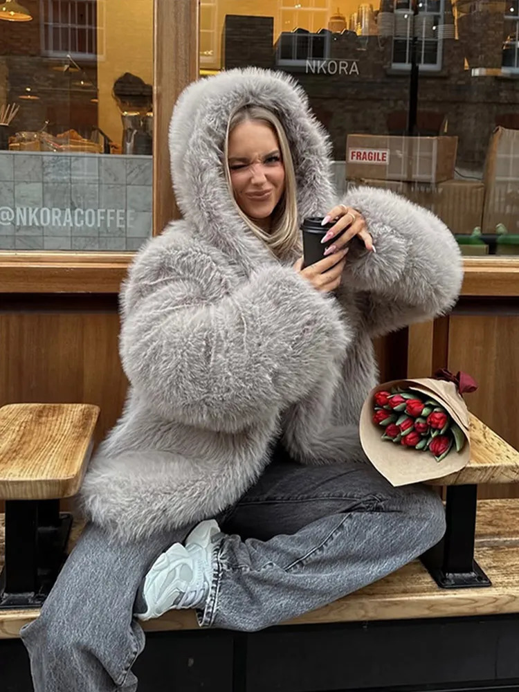 Chic Grey Hooded Fur Jacket Women Fluffy Vneck Long Sleeve Hidden Button Loose Warm Short Jacket Lady 2025 Commute Street Coats 251017