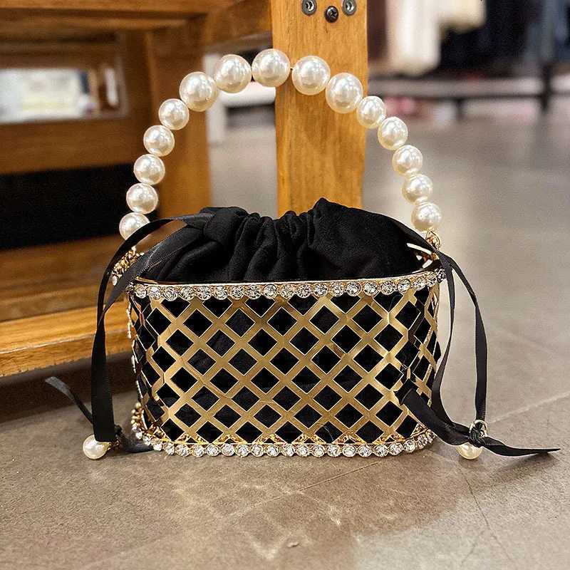 Fashion Pearl Beaded Handheld Women Handbag Gold Metal Cage Glitter Diamond Evening Bag Wedding Party Clutch Purse Crossbody Bag Z251017