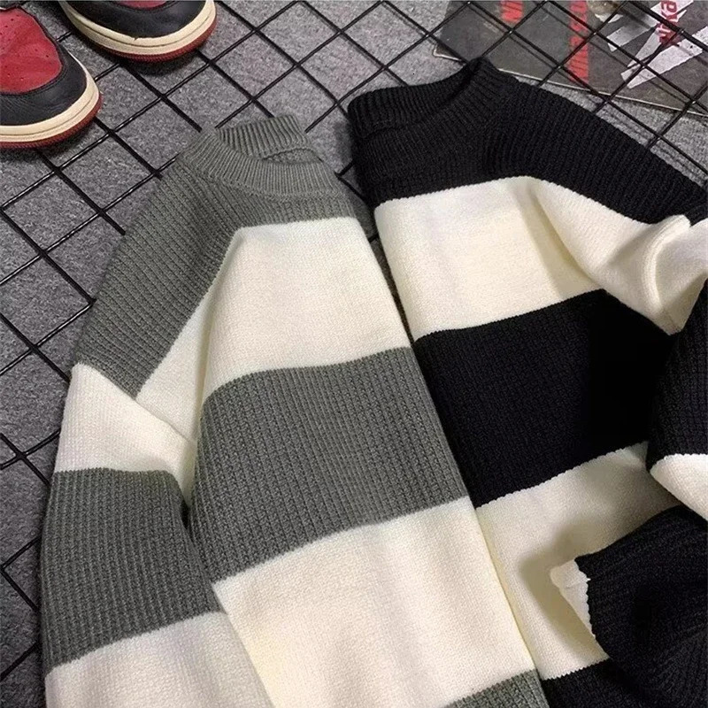 2025 Winter Mens Long Sleeve Striped Sweater Korean Fashion Pullover Knitted Sweaters Casual Crewneck Pullovers Y2K Streetwear 251017