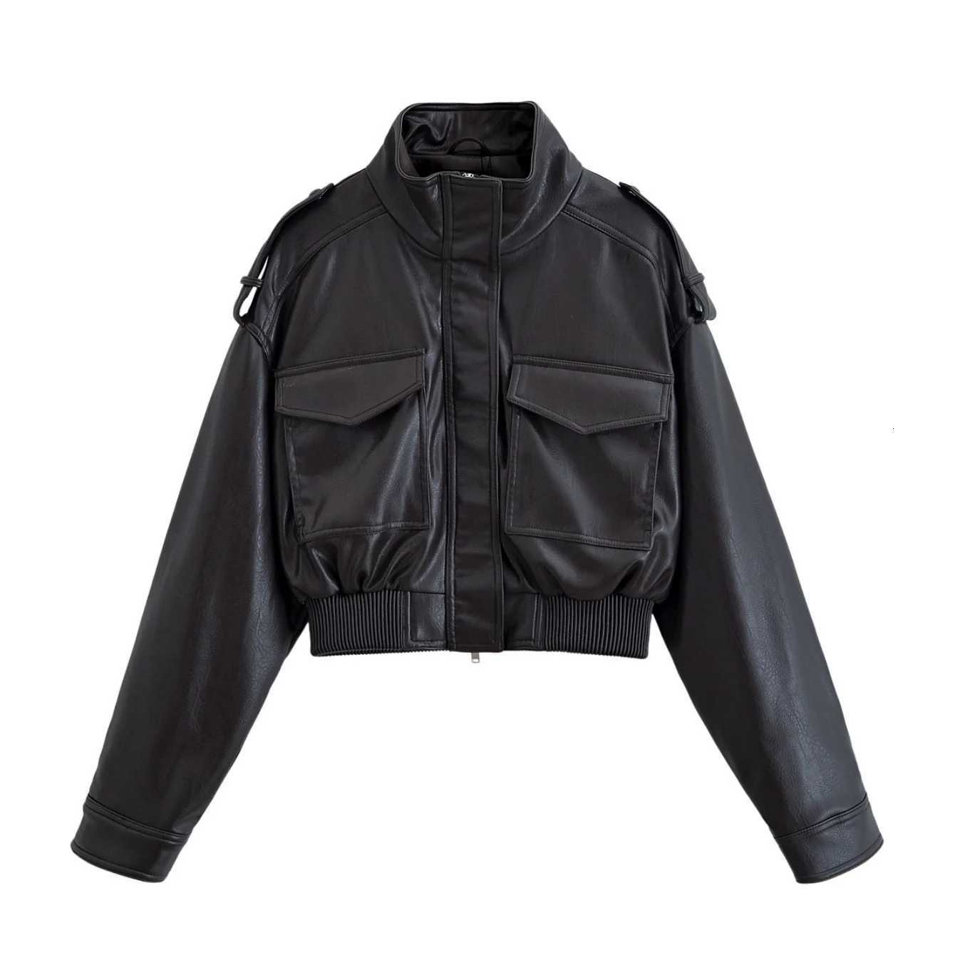 Women Autumn Winter Vintage Faux Leather Jackets Coat Pockets Loose Stand Collar Long Sleeve Zipper Coat Lady Chic JacketT251017