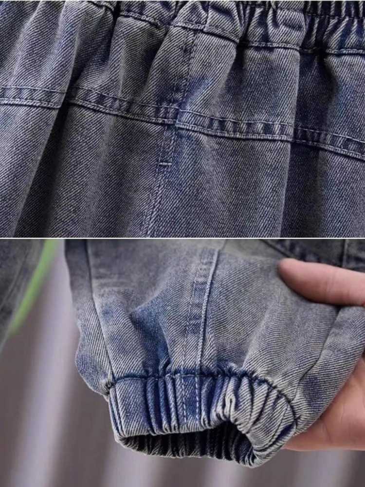 Autumn Kids Boys Jeans Letter Print Elastic Waistline Denim Cargo Pants Solid Color Street Sports Trousers Spring ClothesT251017