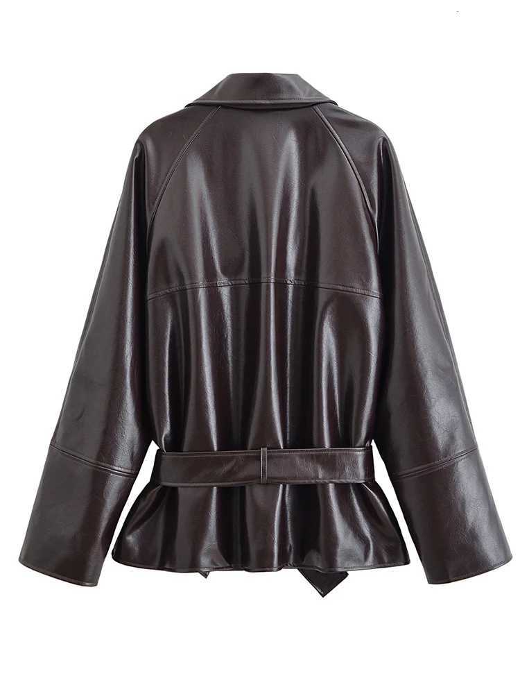 Fashion Womens Faux Leather Jacket Turndown Collar Double Breasted Belt Coats 2025 Autumn New Ladies Casual Street OutwearT251017