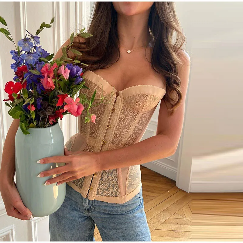 Sexy Lace Strapless Corset Fitted Top Designer All-Purpose Vest Women Slim Bandage V-neck Single Breasted Fishbone Tops 2025 Summer Lady All-match Tan