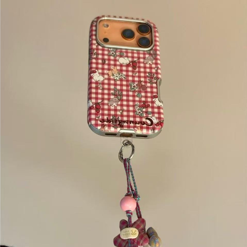 Fresh Red White Checkered Flower Strawberry Rabbit Case for iPhone 17 Pro, Apple 16, and 15 New Model