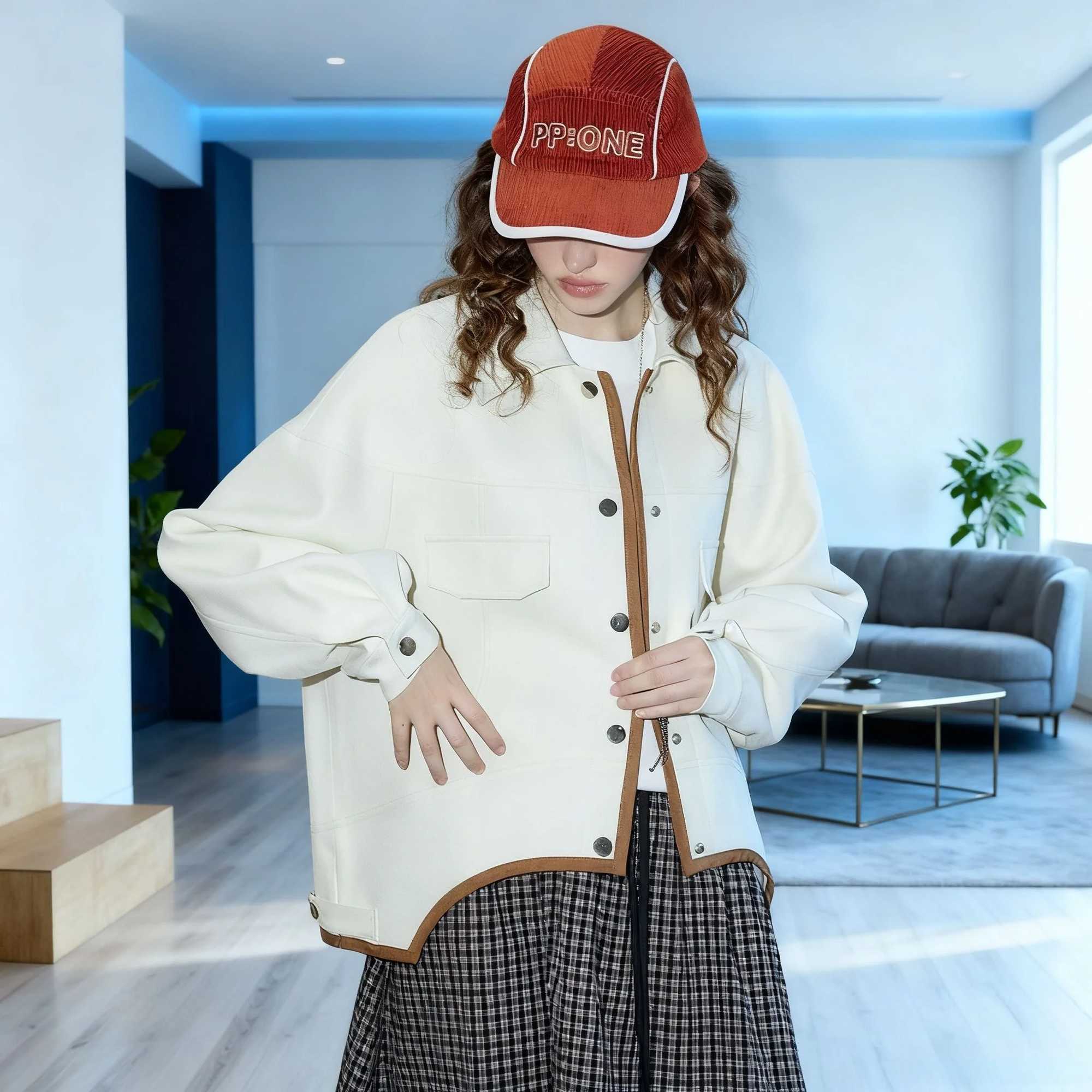 Womens Color Block Long Sleeve Coat Asymmetrical Hem Jacket Turn Down Collar Fashion Outerwear Autumn Casual Style New Arrivals W251016