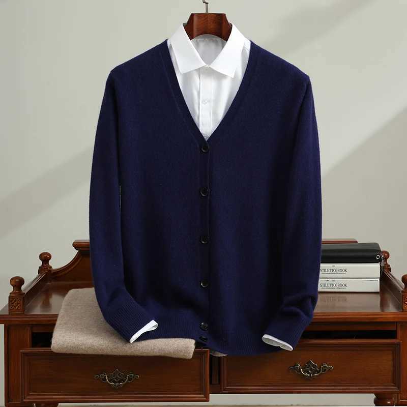 Mens 100 Cashmere Cardigan SpringAutumn Casual Solid Knitted Vneck Sweater Loose Thick Warm SingleBreasted Jumper Coat J251017
