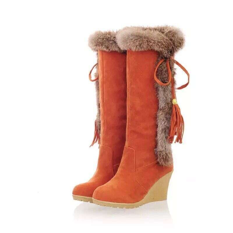 Women's 2025 New Style Winter Warm Furry Faux Fur-Like PU Cover Knee-High With Wedge Heel Slip-Resistant MD Sole, Plush Lining, Plus-Size Snow Bo