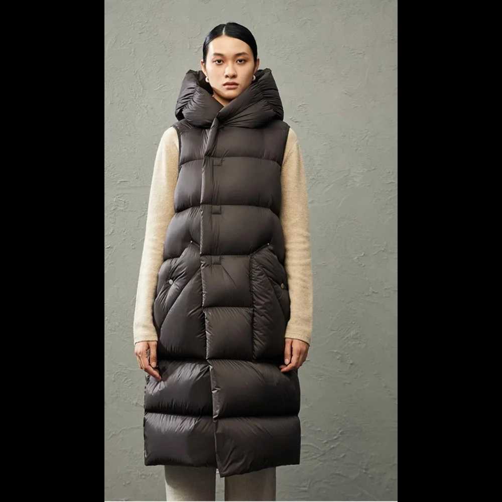 Womens Monochromatic Hooded Long Down Jacket Vest SingleBreasted Sleeveless Outerwear Ultralight Medium Length Models W251016