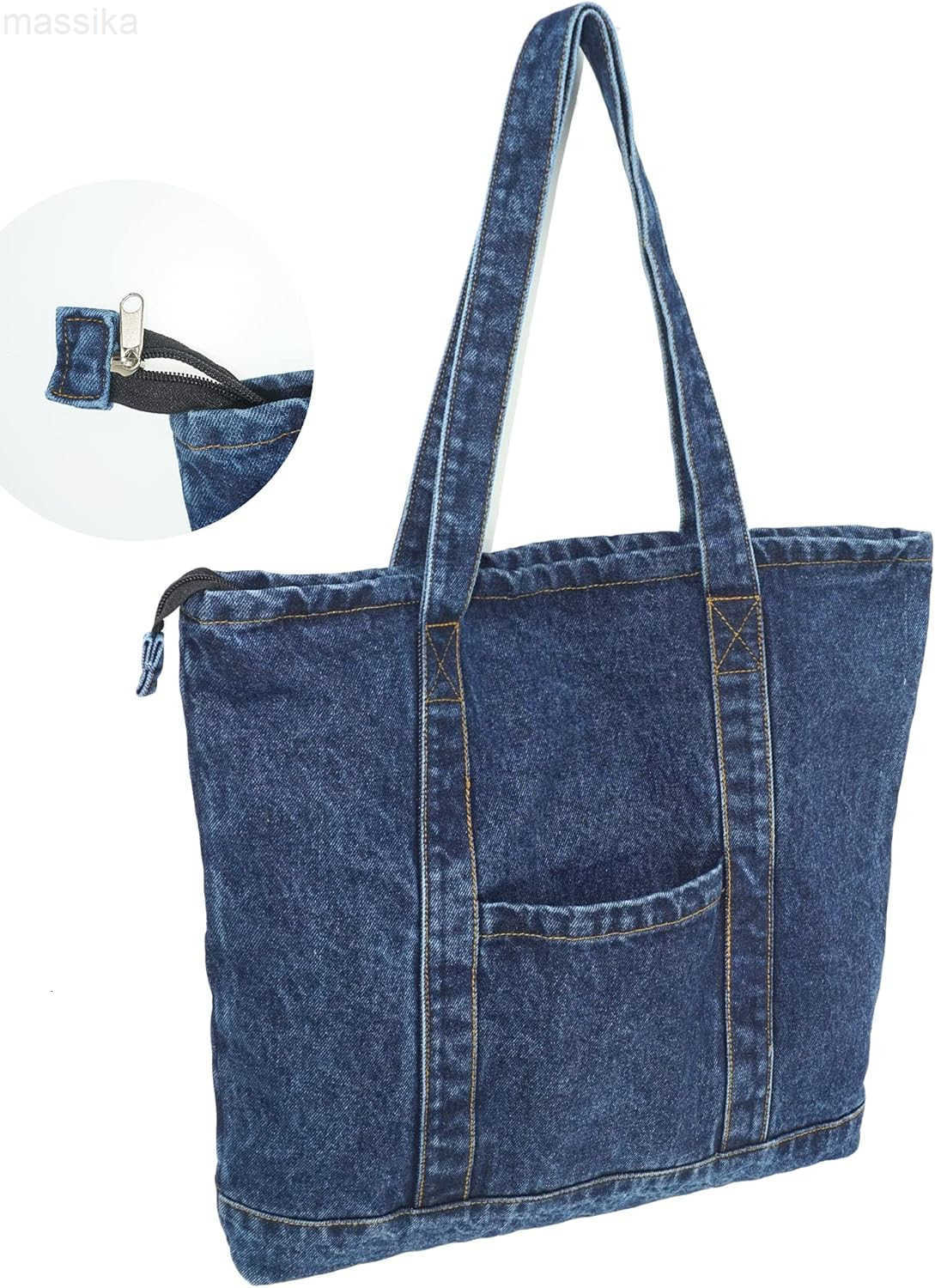 Denim Tote Bag Casual Style Lightweight Classic Retro Travel Shopper Shoulder Handbag M251017