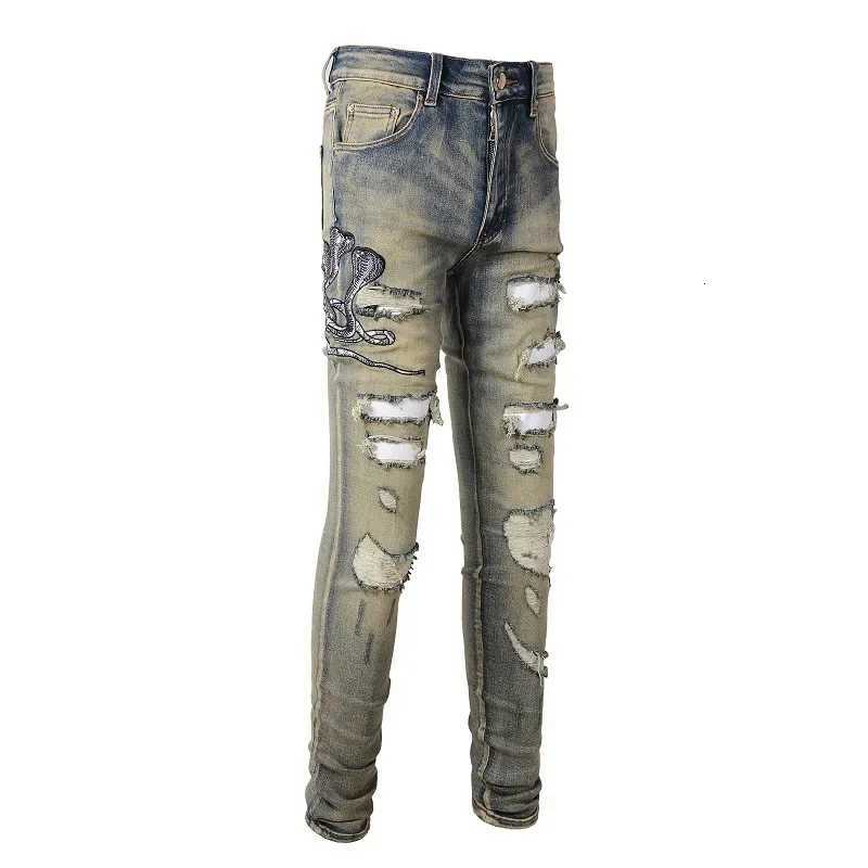 High Street Vintage Cotton Mens Jeans Luxury Embroidery Broken Hole Denim Male Pants Fashion Slim Fit Party Man Trousers Y251105