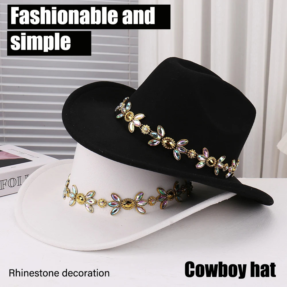 Fashionable Gold Chain Decorated Casual Breathable Single Color Versatile Simple Style Cowboy Hat for Women 251015