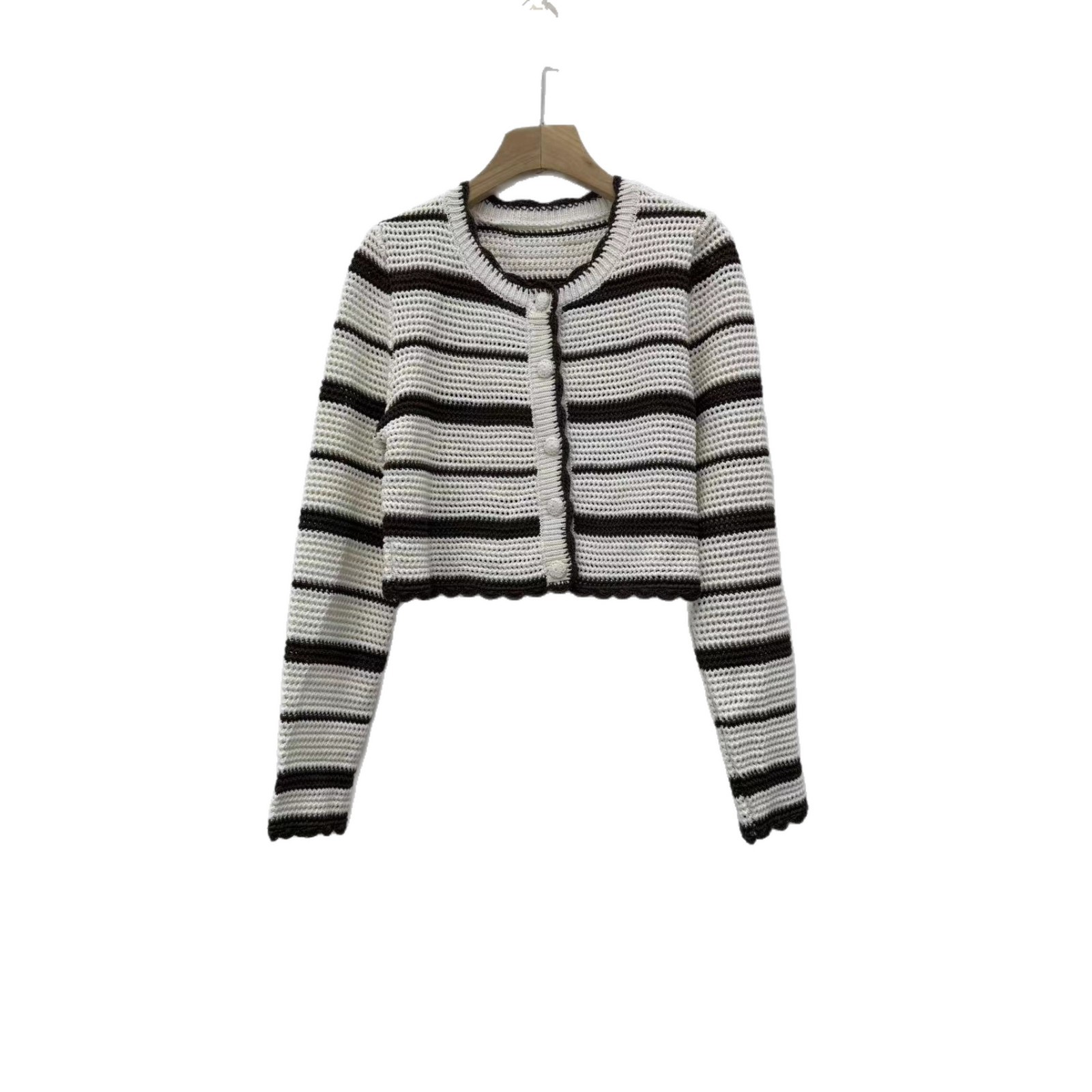 2025 Autumn New Fashion Striped Hand Crochet Lace Knit Cardigan for Women Short Sleeve Top Sweater for