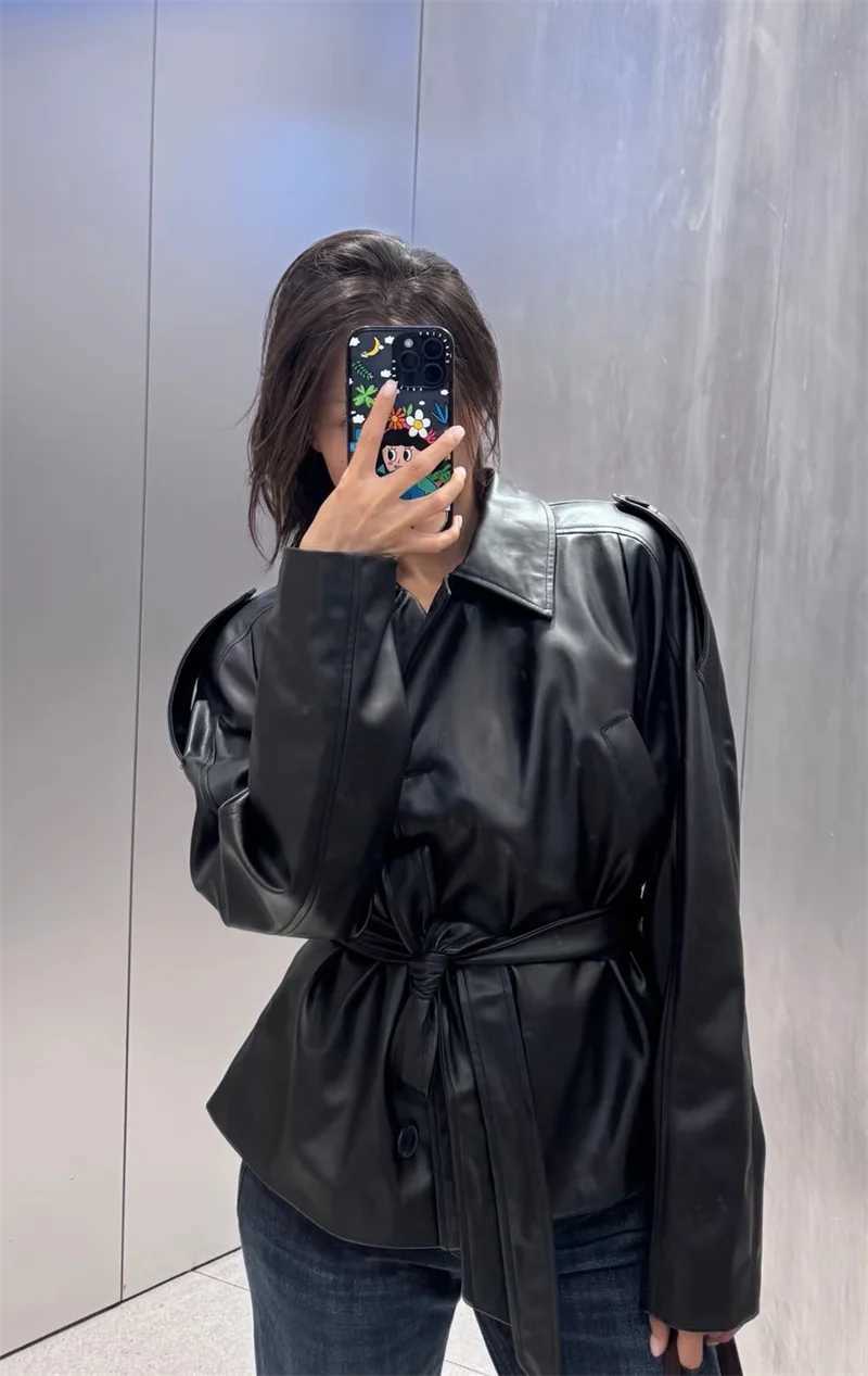 Womens Coat 2025 Autumn New Style Black Long Sleeve Faux Leather Tie Decoration Short Windbreaker Motorcycle Style CasualT251017
