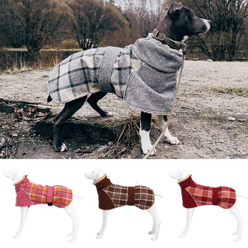 Winter Big Dog Clothes Warm Fleece Pet Jacket for Medium Large Dogs Weimaraner Greyhound Adjustable Belt Plaid Print Coat OutfitW251017
