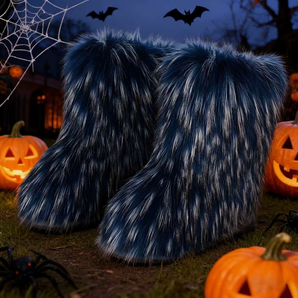 Women's Slip-On With Plush Faux Fur Thick Platform Heel Mid-Calf Warm Round Toe, Dark Gray/Black Cozy Microfiber Insulated Boots Snow Ice, TPR So