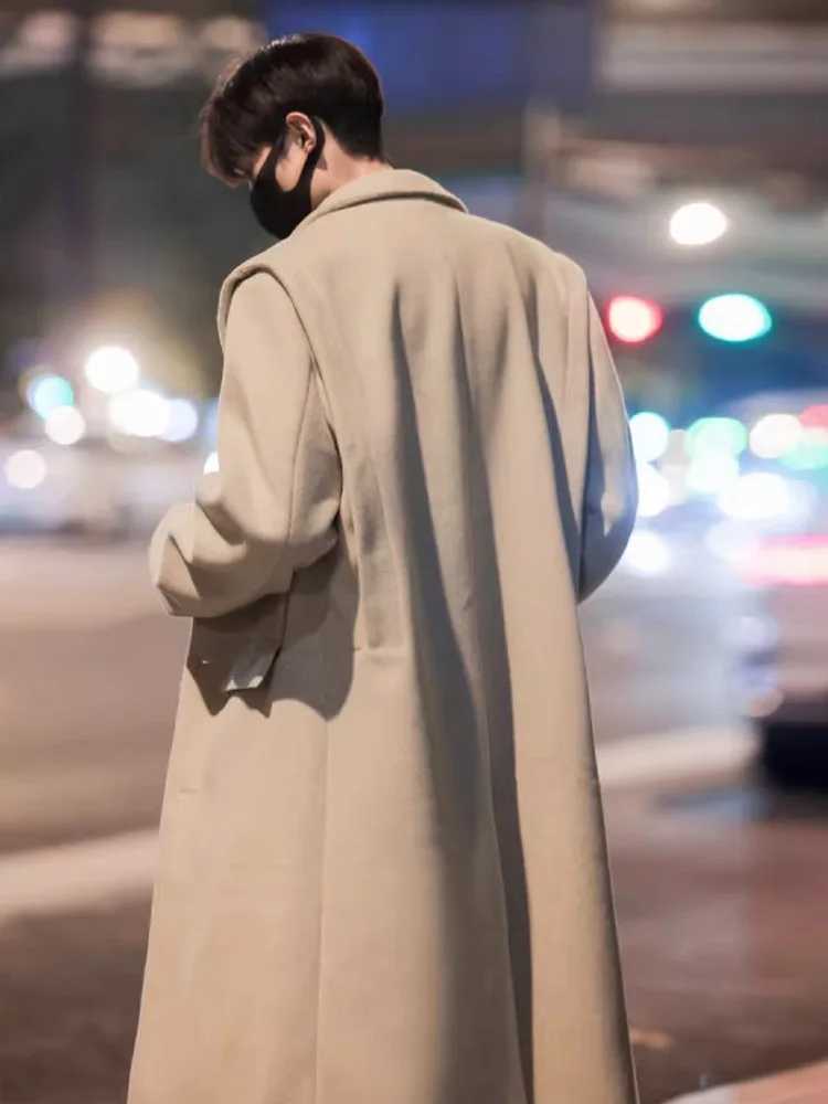 Korean Khaki Woolen Coat Mens Autumn Winter MidLength KneeOver Woolen Coat HighEnd Aosphere Outerwear J251017