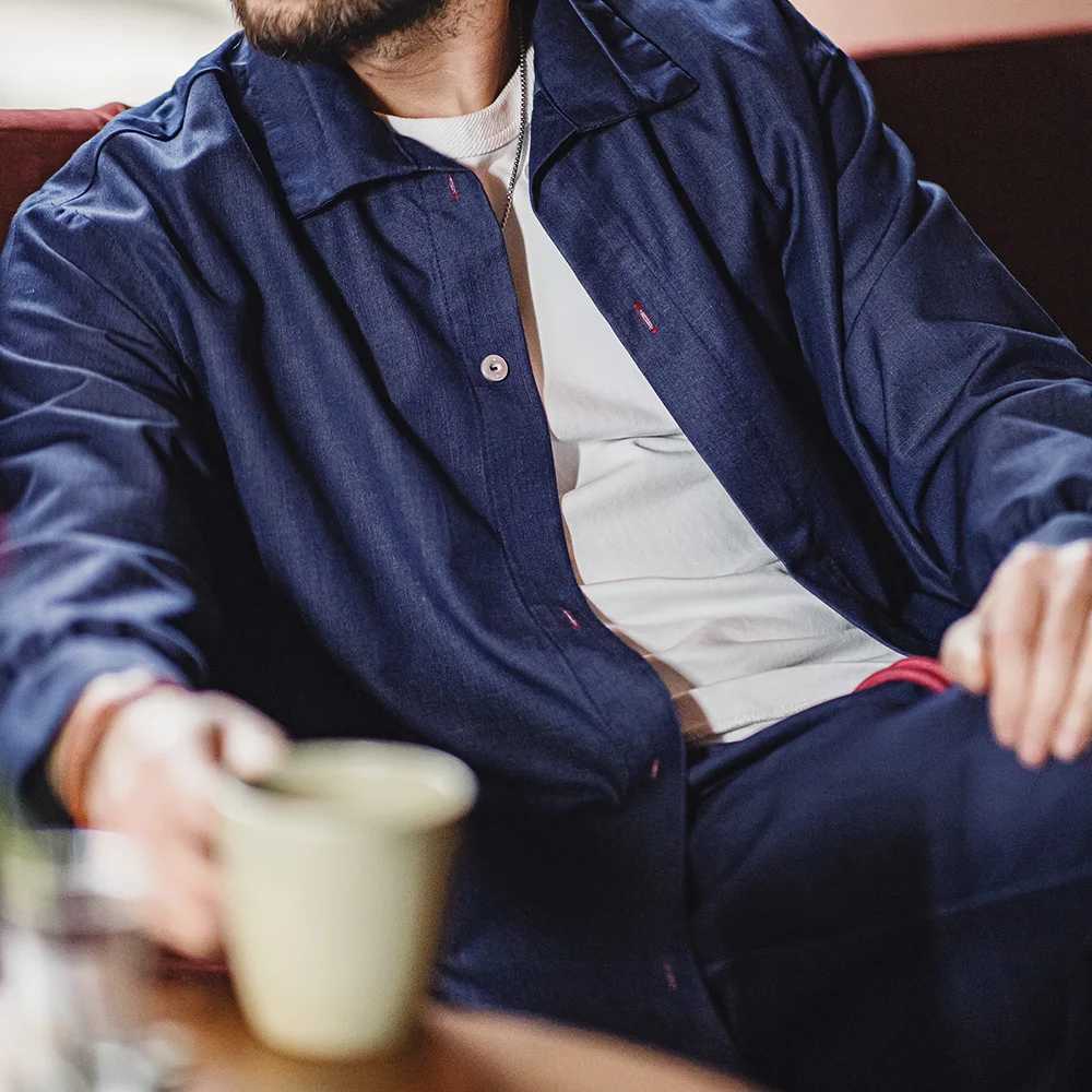 Maden Men Solid Color Denim Blue Shirt Loose Turndown Collar Longsleeved Shirt Mens Spring Coat Loose Comfortable Clothes J251017