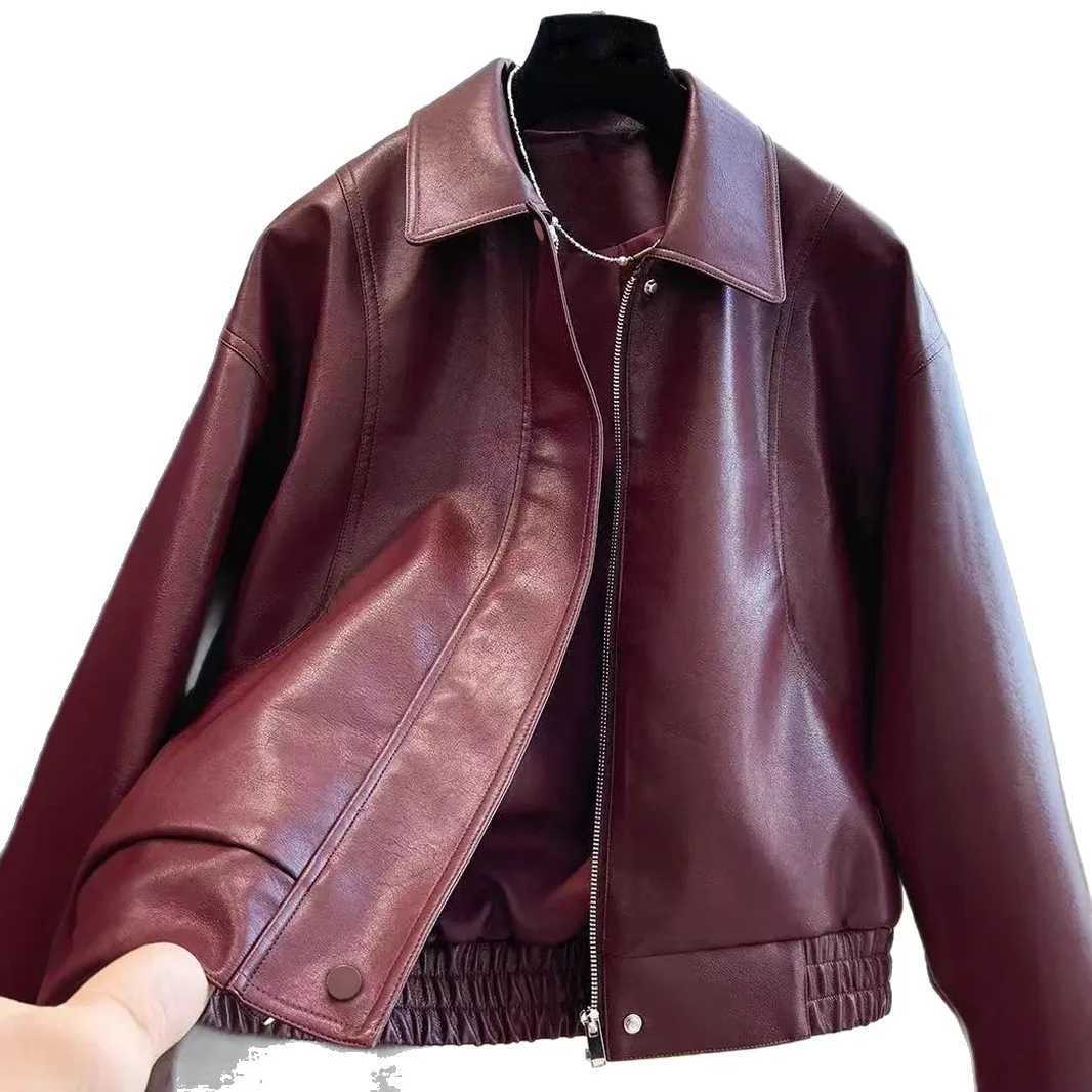 Faux Leather Women Coats Solid Jacket Turn Down Collar Long Sleeves Zippper Loose Fit Moto Casual Streetwear 2025 Autumn WinterT251017