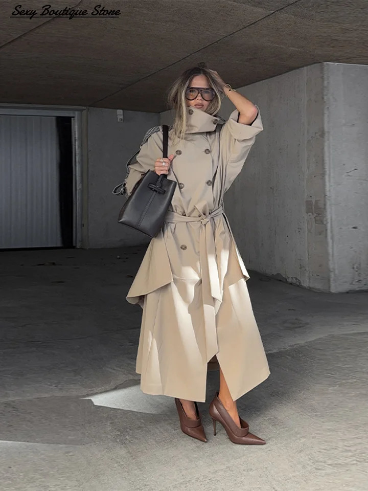 Autumn Winter Elegant High Neck Long Trench Coat For Women Pleated Hem Lace Up Jacket Windproof Overcoat 2025 Lady Outwear 251013