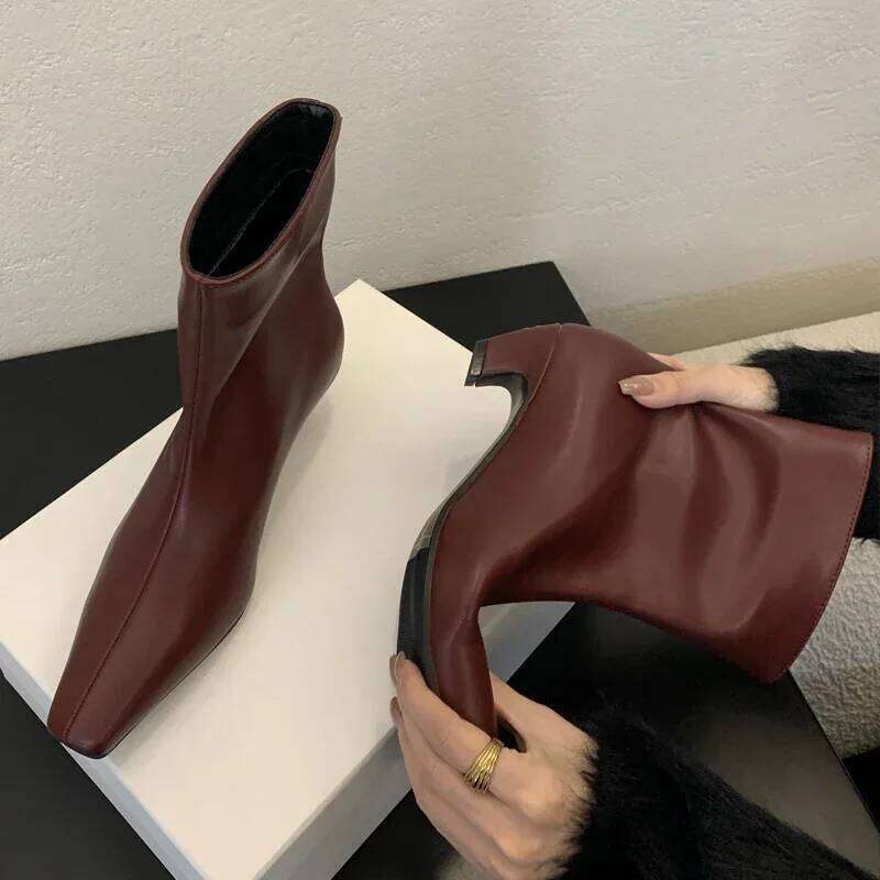 2026 White Elegant Pointed Toe Sewing Leisure Thin Heels Women Boots Mid-Calf Brown Shoes Spring/Autumn