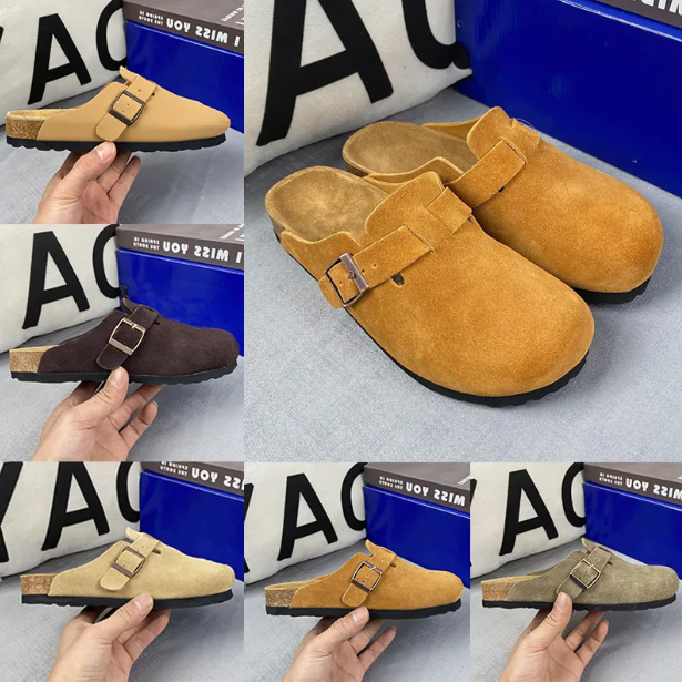 Designer Clog Slippers Women Men Flat Heels Beach Slides Real Leather Double Buckle Cork Sandals Outdoor Casual Shoes Brown Grey Coffee