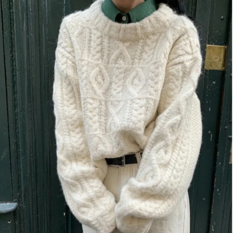 Autumn and Winter O Neck Loose Retro Korean Womens Pullover Sweater Lazy Style Casual Versatile Thick Long Sleeve Knitted Tops 251013