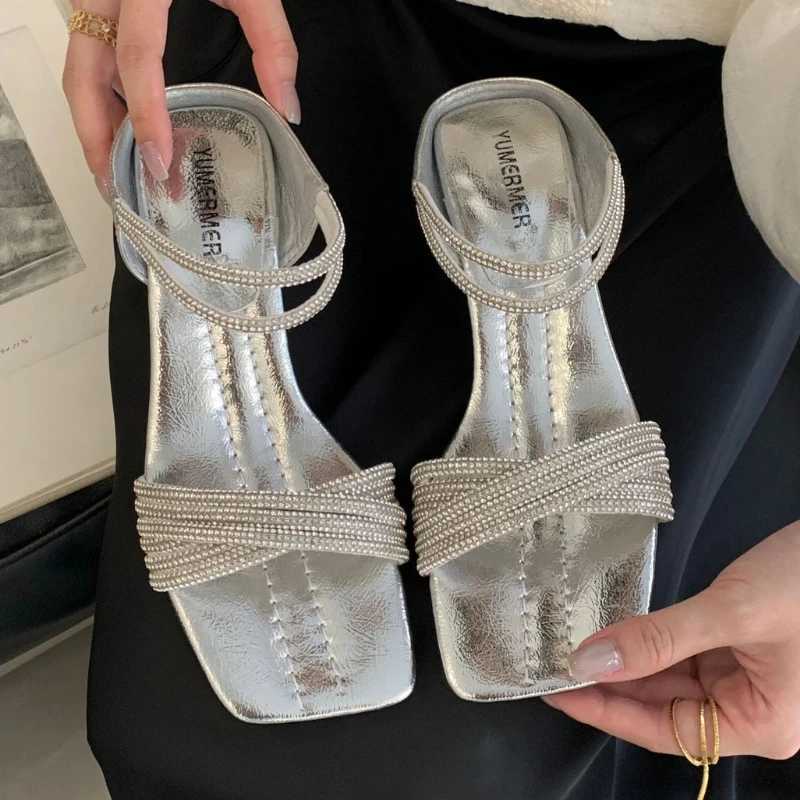 Bling Rhinestone Cross Tied Slippers Women Fashion Square Toe Wedges Slide Sandals Luxury Banquet Brand Designer Dress Shoes Z251015