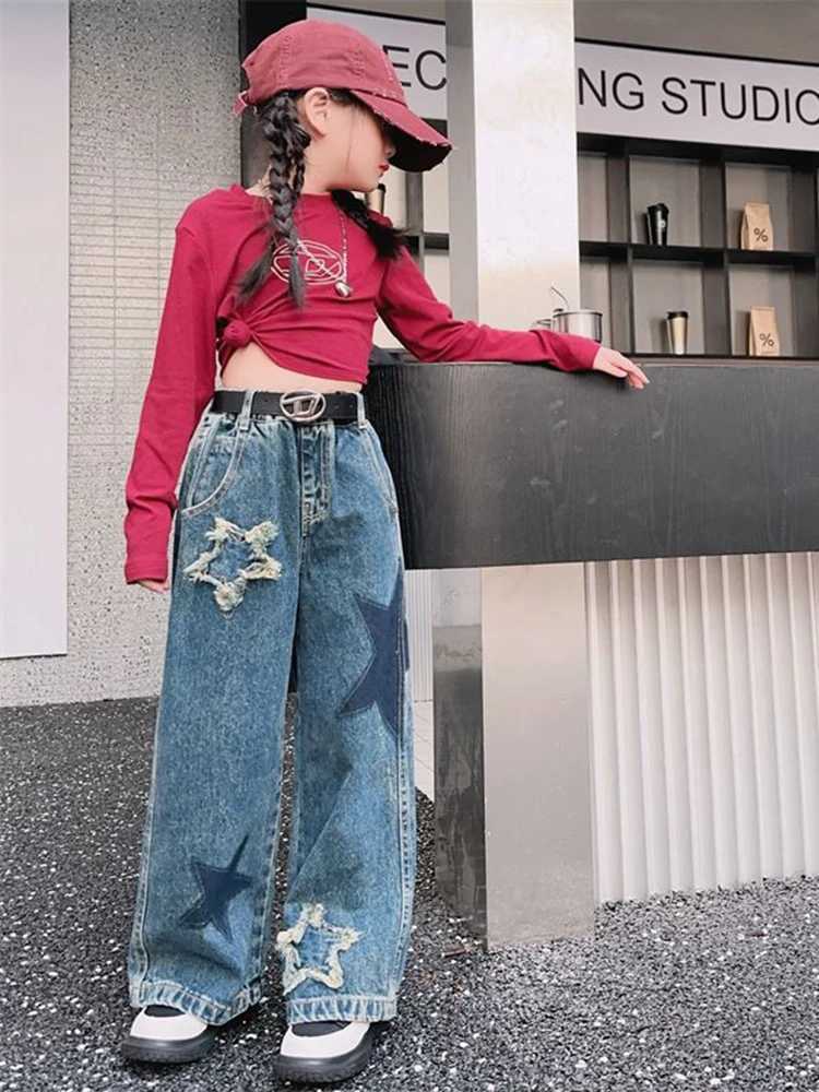 Girls Five Star Pattern Jeans Spring Fashion Teenage School Casual Straight Wide Leg Jeans for Kids 415 Years Children TrousersT251017