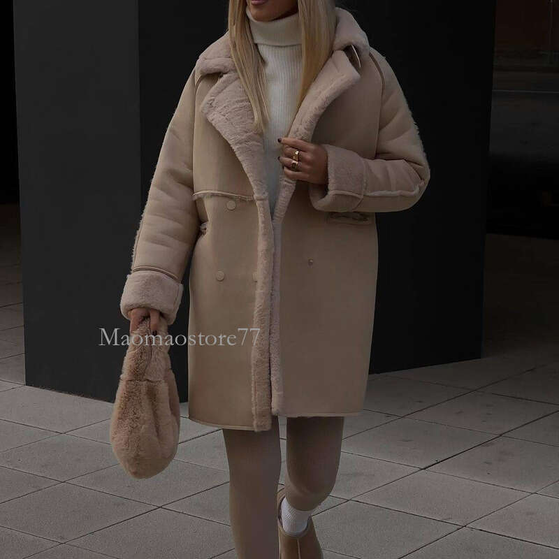 Winter Furry Suede Coat Suit Collar Cardigan Long Sleeve Plush Jacket coats designer women