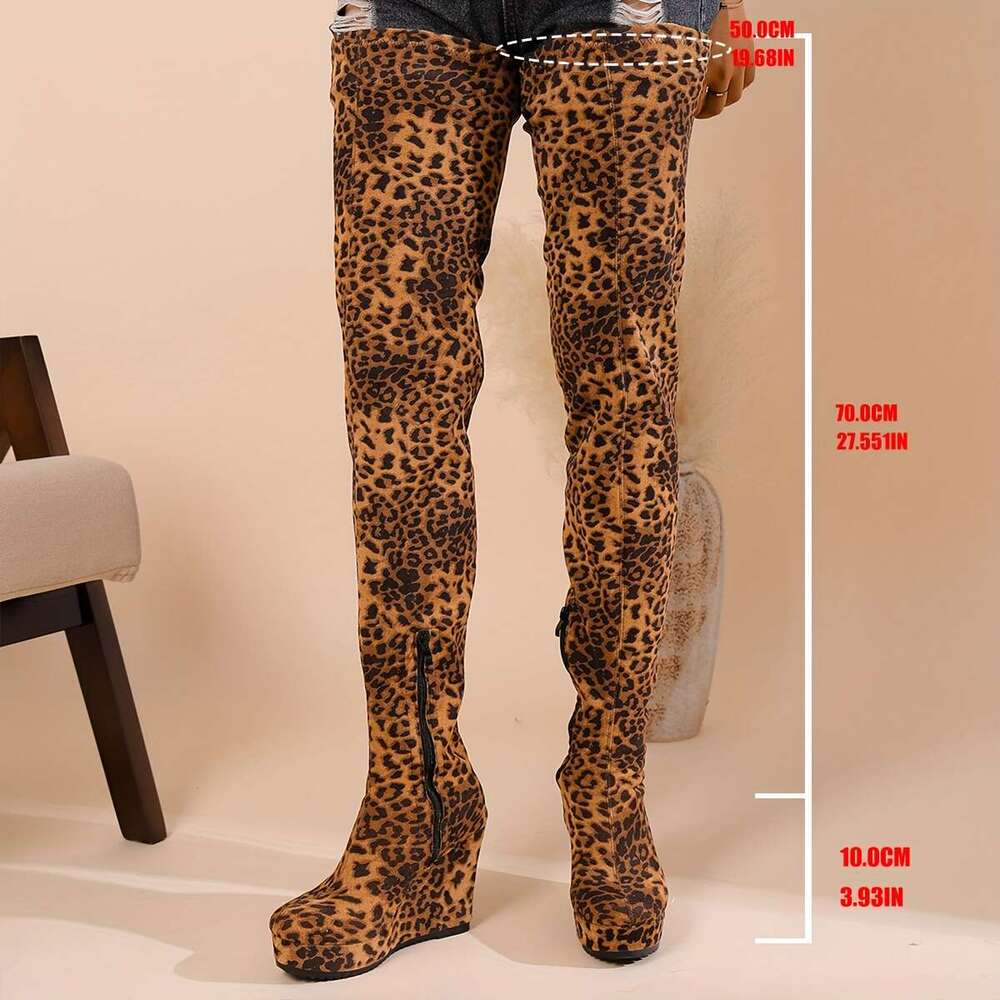 Women's Wild Leopard Over-The-Knee OTK With 3.94Inch Platform 19.69Inch High-Calf Design Warm Round Toe Zipper Closure, PU Sole Fabric Upper Styl