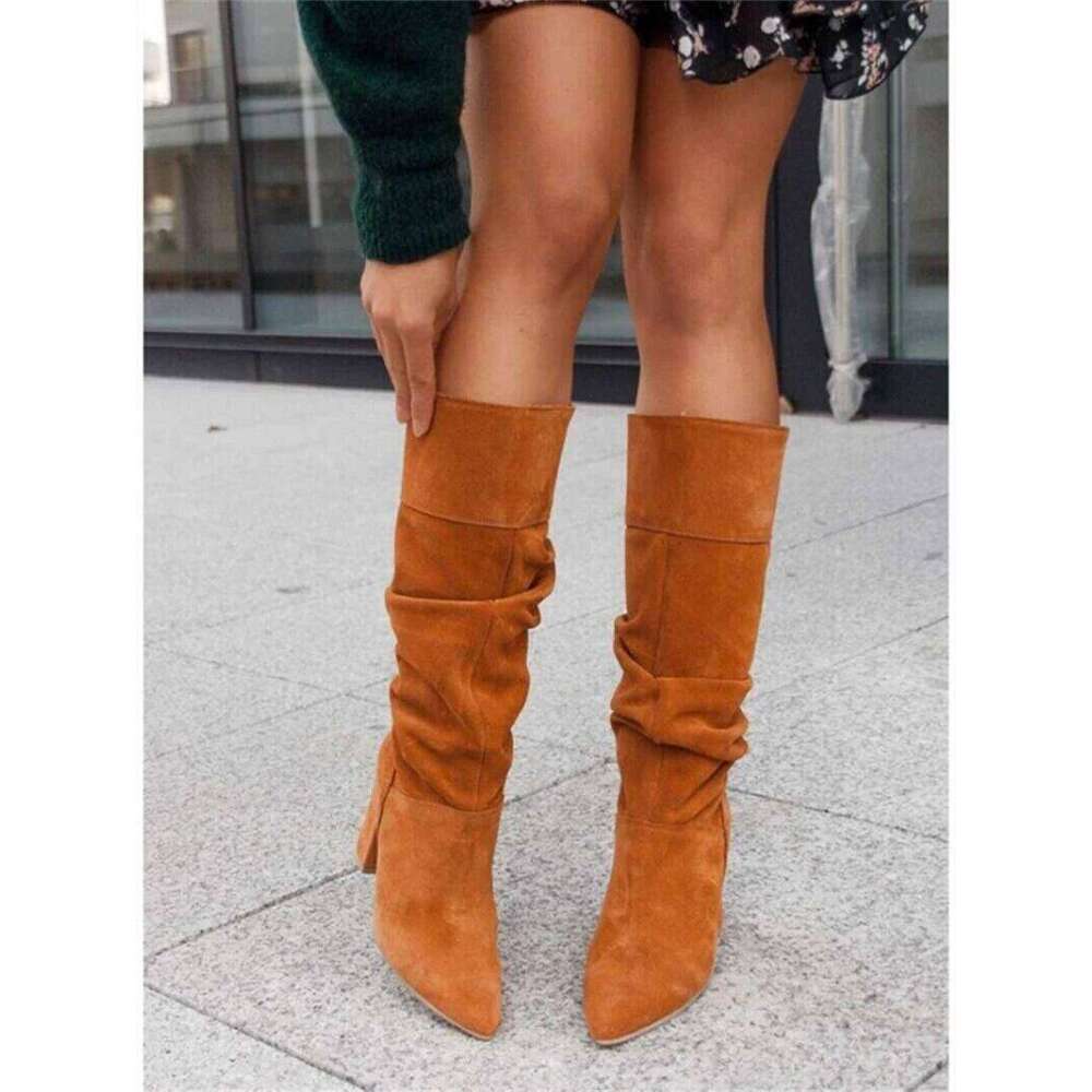 2023 Winter Designer Suede Casual High Heels Shoes For Women Retro Elegant Lady Mid Calf Boots Plus Size