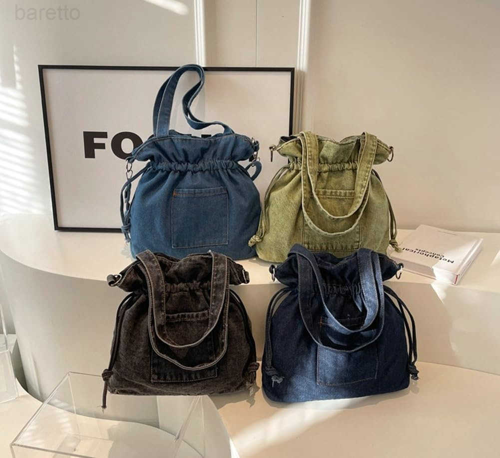 Denim Canvas Tote Bag Women Drawstring Bucket Crossbody Shoulder Purse Lightweight Handbag Trendy Commute Travel Bag Z251017