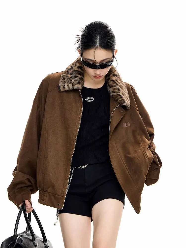 American Retro Spliced leopard Print Lapel Deerskin Fur Collar Jacket Autumn NEW Daily Casual Loose Version Trendy Top Women W251016
